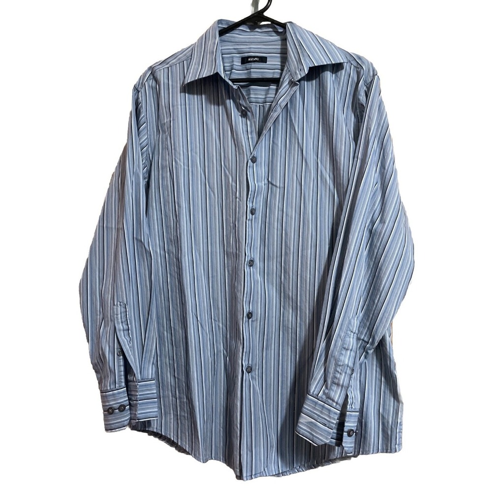 Alfani Men's Button Down Dress Shirt Blue White‎ Black Striped Medium